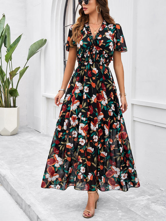 Eva Floral V-Neck Maxi Dress with Butterfly Sleeves